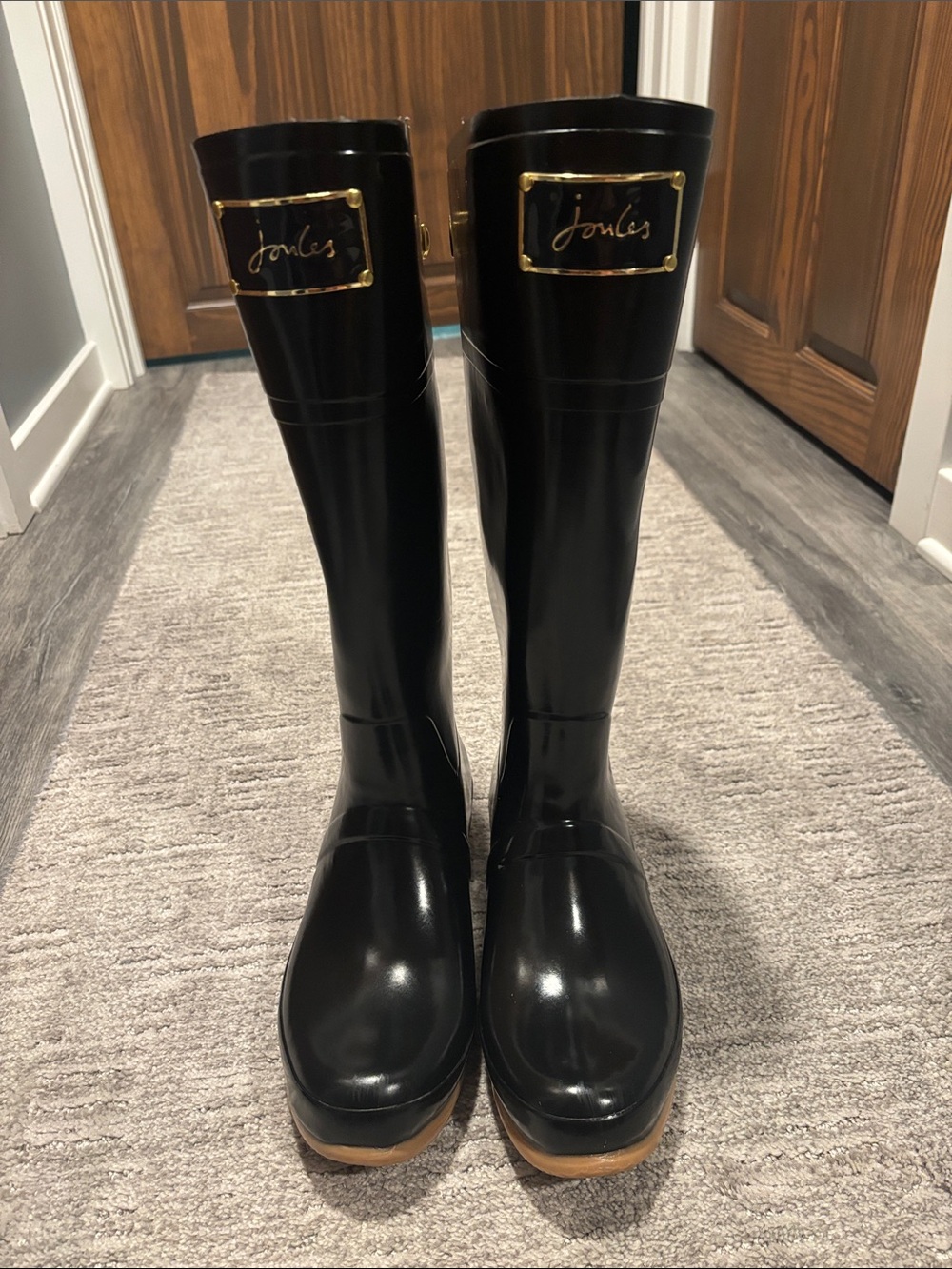 Joules Black Tall Rain Boots with Gold Plaque Accent size 10